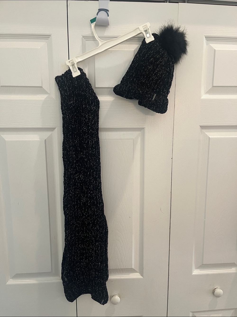 bebe Black Metallic Knit Beanie with Pom and Matching Scarf